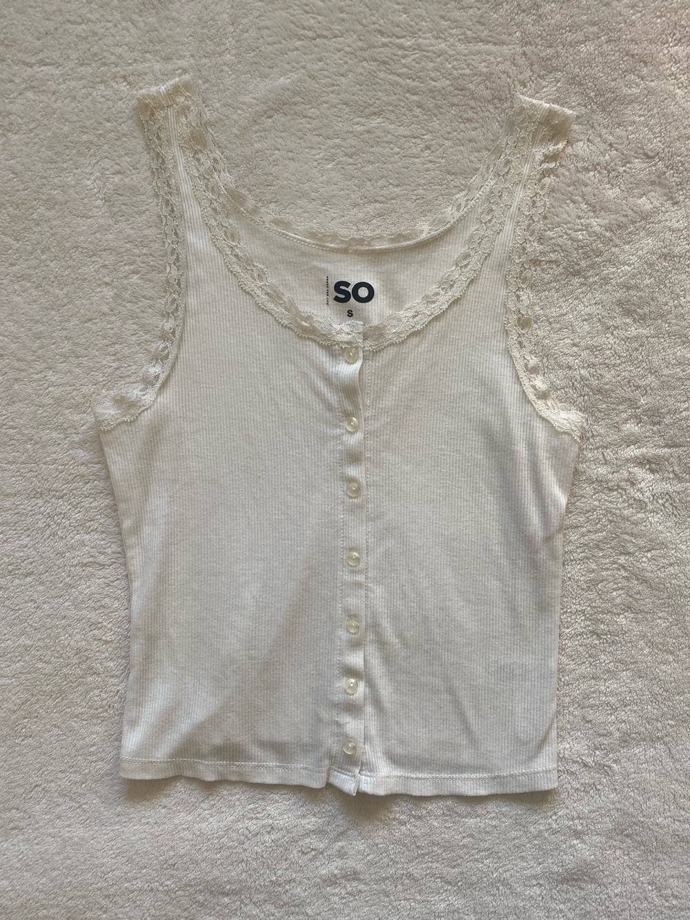SO White Ribbed Lace-Trim Button-Front Henley Tank Top Size Small